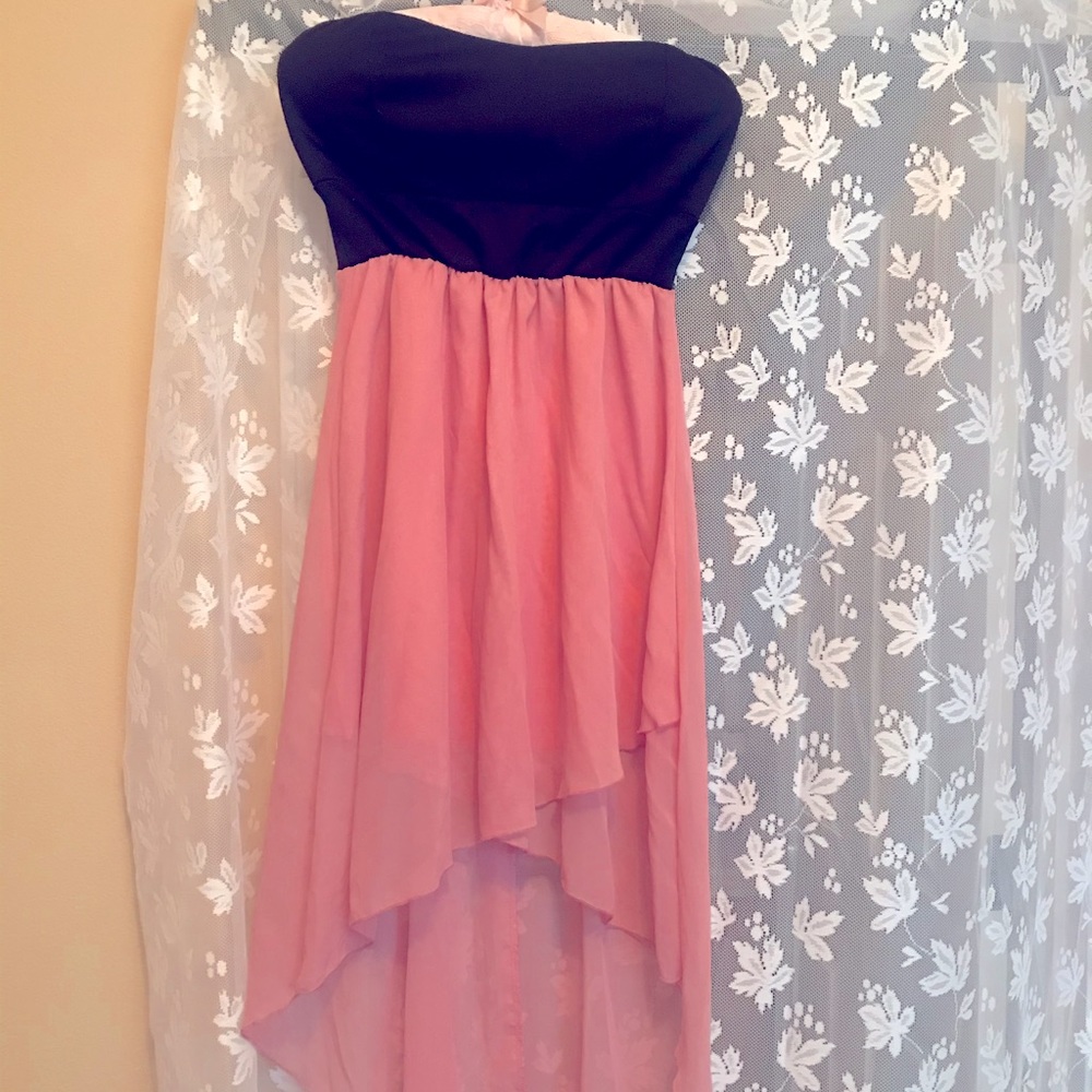 High-low pink/black strapless dress